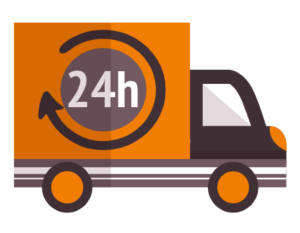 ein LKW mit einem Schild, dass das Unternehmen 24 Stunden arbeitet